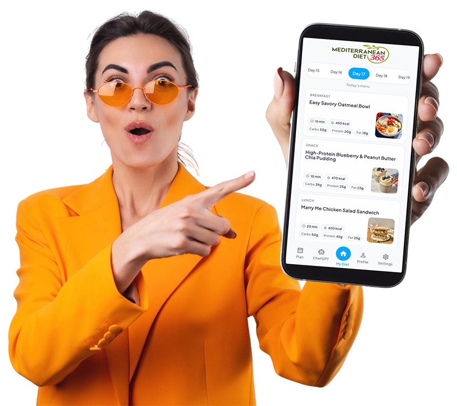 Woman showing Mediterranean Diet 365 app on phone